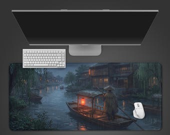 Silent Boatman Desk Mat – XL Mouse Pad, Japanese Lofi Aesthetic, Rainy River Art, Large Non-Slip Desk Pad, Gift for Him