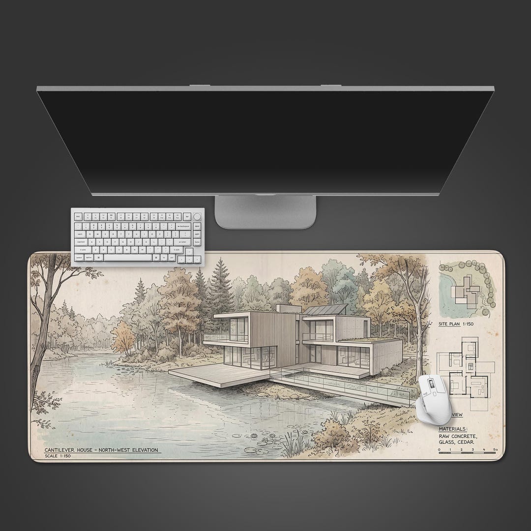 Blueprint Table Mat Cantilever House Blueprint – Architect Desk Mat, XL Mousepad, Modernist ...