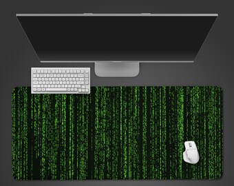Digital Rain Desk Mat: Cyberpunk Green Code, Large Mouse Pad