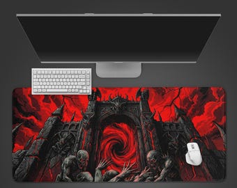 Hell Gate Demon - Tapis de bureau gaming, tapis de souris XL, décoration de bureau Dark Fantasy, tapis de clavier antidérapant, cadeau pour les joueurs