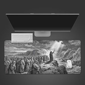 May include: A black and white mousepad featuring a biblical scene of Moses parting the Red Sea, with a crowd of people and a figure holding a staff. A white keyboard and mouse are also visible.