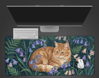Tranquil Tabby Cat – Desk Mat for Gaming, XL Mouse Pad, Cottagecore Aesthetic, Botanical Desk Pad, Gift for Cat Lover