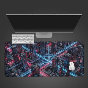 May include: A large rectangular desk mat featuring a high-angle digital illustration of a futuristic cityscape at night, characterized by dark skyscrapers, glowing red and blue light trails, and an intricate network of elevated highway overpasses.