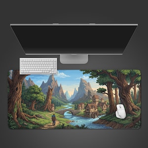 May include: A rectangular mouse pad featuring a pixelated landscape with a river, bridge, and village. A person with a backpack walks on a path. A white mouse and keyboard are on top of the pad, with a computer monitor in the background.