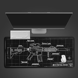 May include: Black rectangular desk mat with a white blueprint of an AR-15 tactical system, labelled with terms like "Rifle Scope" and "Ammunition." A white keyboard and mouse sit above the mat, with a computer monitor behind.
