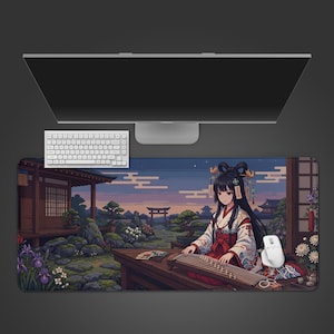 May include: A large rectangular desk mat with an anime-style illustration of a woman playing a koto in a Japanese garden. The mat has a white mouse, keyboard, and a computer monitor on top.