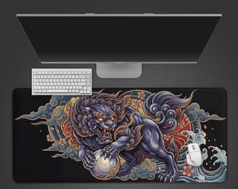 Komainu Pearl – Tapis de bureau gaming, tapis de souris japonais XL, esthétique folklorique mythique, sous-main antidérapant, cadeau pour les joueurs
