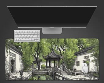 Zen Garden Desk Mat – Willow Pavilion, Tranquil Green Mouse Pad