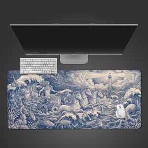 May include: A large, rectangular desk mat with a detailed blue and white illustration of a mythological sea scene. The design includes a chariot pulled by seahorses, a lighthouse, and various marine life. A white keyboard and mouse are visible.