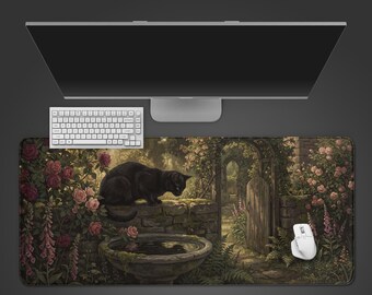 Garden Watcher Cat – Desk Mat, XL Mouse Pad, Dark Academia Decor, Cottagecore Keyboard Mat, Gift for Cat Lovers