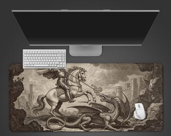 Vintage Knight and Dragon Desk Mat: Fantasy Gamer Decor