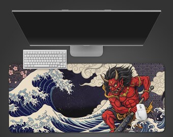 Yokai Tsunami Desk Mat – Oni Wave Gaming Desk Mat, XL Mouse Pad, Japanese Ukiyoe Art, Desk Protector Pad, Gift for Gamers