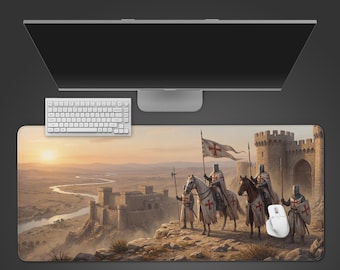 Fortress Command – Gaming Desk Mat, XL Knights Templar Mouse Pad, Medieval Aesthetic, Large Desk Pad, Gift for Him