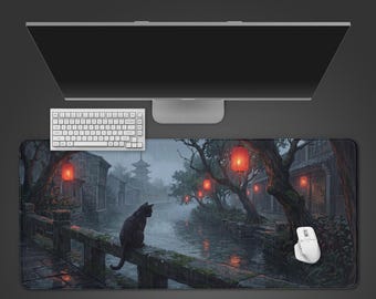 Rainy Watcher Cat - Tapis de bureau gaming, tapis de souris XL, décoration de bureau Lofi, sous-vêtement de bureau antidérapant, cadeau pour amoureux des chats