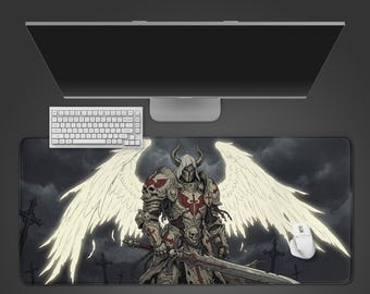 Grim Crusader Knight - Tapis de bureau gaming, tapis de souris XL, esthétique Dark Fantasy, sous-main antidérapant, cadeau pour les joueurs