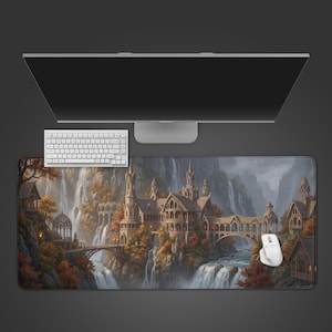 May include: A large rectangular mouse pad featuring a fantasy landscape with waterfalls, bridges, and a castle. The color palette includes shades of brown, orange, and gray. A white keyboard, mouse, and monitor are on top.