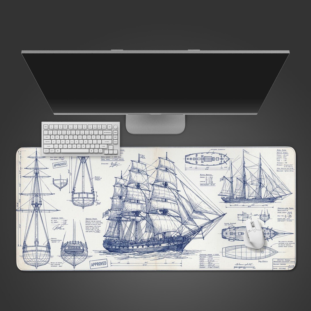 Blueprint Table Mat Shipwright's Draft – Nautical Blueprint Desk Mat, XL Mouse Pad, Pirate ...