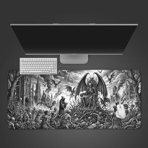 May include: Black and white desk mat with a gothic illustration of a skeletal figure on a throne, surrounded by other skeletal figures, bats, and a dark castle backdrop. Includes a white keyboard and mouse.
