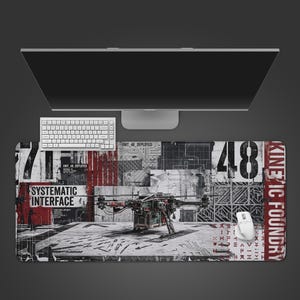 May include: A rectangular desk mat featuring a graphic print of a drone on a platform with circuit board patterns, red and black accents, and the text "SYSTEMATIC INTERFACE", "UNIT 48 DEPLOYED", and "KINETIC FOUNDRY" in a distressed industrial style.