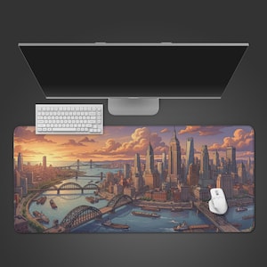Könnte beinhalten: Eine große rechteckige Schreibtischunterlage mit einer detaillierten Illustration einer Stadtlandschaft. Die Unterlage befindet sich unter einem Computermonitor, einer Tastatur und einer Maus. Die Illustration zeigt Brücken, Gebäude und Wasser. Die Farbpalette umfasst Orange-, Blau- und Brauntöne.