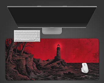 The Night Watch Lighthouse – XL Gaming Desk Mat, Red and Black Mousepad, Dark Academia Decor, Non-Slip Desk Pad, Gift for Gamers