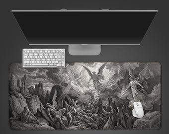 Tapis de bureau Divine Conflict – Tapis de souris Art XL gravé, sous-main de jeu monochrome, esthétique Dark Academia, tapis de clavier XXL, cadeau pour lui