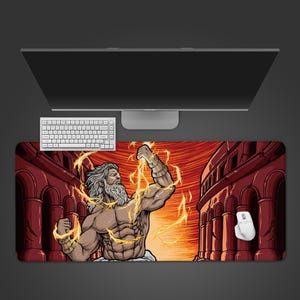 May include: A rectangular desk mat featuring a graphic illustration of a muscular, bearded figure with long hair holding glowing yellow lightning bolts. The background depicts a red-toned ancient architectural structure with arched columns.