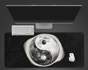 Tapis de bureau Lunes Yin Yang – Tapis de souris gaming XL, décoration de bureau cosmique, esthétique céleste, grand tapis antidérapant, cadeau pour lui