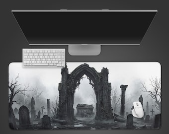 Stone Memory Graveyard – Gothic Desk Mat, XL Mouse Pad, Dark Academia Decor, Non-Slip Desk Pad, Memento Mori Gift