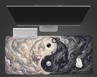 Primal Yin Yang Tiger – Desk Mat, XL Mouse Pad, Black and White Aesthetic, Non-Slip Desk Pad, Gift for Him