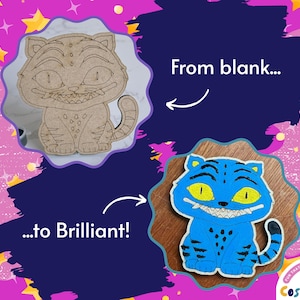May include: A wooden cat-shaped craft kit next to a finished blue cat with yellow eyes and a white grin. The text "From blank... to Brilliant!" is displayed. The background is pink with yellow stars.