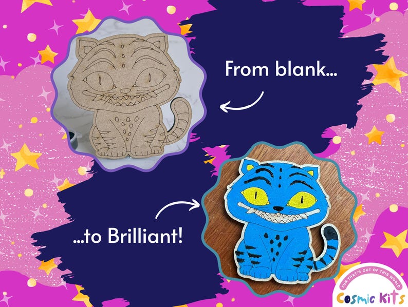 May include: A wooden cat-shaped craft kit next to a finished blue cat with yellow eyes and a white grin. The text "From blank... to Brilliant!" is displayed. The background is pink with yellow stars.