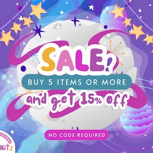May include: A purple and white graphic with the word "SALE!" in yellow and pink. The text "BUY 5 ITEMS OR MORE and get 15% off" is also displayed. The image includes stars and planets, with the text "NO CODE REQUIRED".