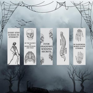 Pode incluir: Um design assustador com tema de Halloween com cinco painéis verticais. Os painéis apresentam ilustrações de esqueletos, crânios e ossos, cada um com uma citação diferente. As citações incluem "Cada passo ecoa na eternidade" e "Na escuridão, os ossos brilham eternamente."