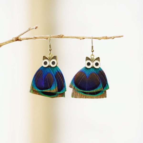 Short REAL Peacock Feather Earrings