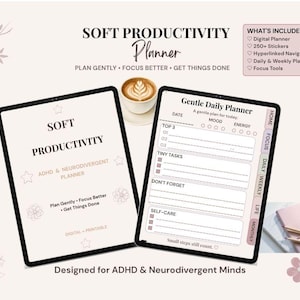 Puede incluir: Dos tabletas digitales que muestran un planificador de productividad suave para mentes con TDAH y neurodivergentes. Las pantallas muestran una portada con iconos de estrellas y flores y una página de planificador diario con secciones de tareas.