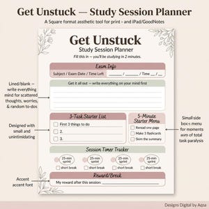 Get Unstuck-studieplanerare, ADHD-fokusverktyg, examensark (digital nedladdning)