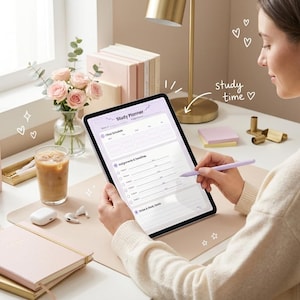 May include: A digital tablet displaying a study planner template with sections for class schedule and assignments. The screen shows the text Study Planner and study time. A light purple stylus is held against the screen, which is set on a desk.