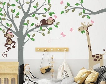 2 Girl Monkeys, giraffe, Butterflies and Custom Name - Nursery Wall Decal