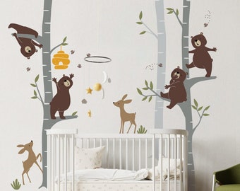 Birch Tree And Bears With Fawns Wall Decal