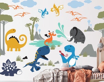 May include: A white wall with a colorful dinosaur and dragon themed wall decal. The decal features a blue, orange, and yellow dragon, a blue dinosaur, a yellow dinosaur, a gray elephant, and a gray stegosaurus. The decal is perfect for a child's bedroom.