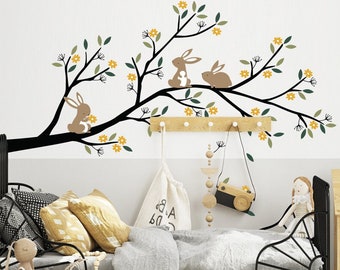 Bunnies Branch with Flowers - Nursery Tree Wall Decal Sticker