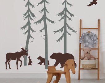 Pine Trees With Woodland Animals Wall Decals, Tree Decals, Tree Stickers