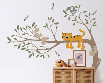 Tiger, Giraffe, and Monkey with Branch Wall Decal