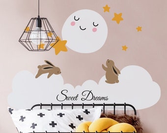 Sweet Dreams, Bunnies, Moon, Cloud, Stars Wall Decal, Baby Nursery And Kids Room Wall Decals, Wall Decor, Home Wall Decor, Gift