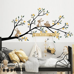 Bunnies Branch with Flowers - Nursery Tree Wall Decal Sticker
