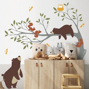 Forest Nursery Wall Decal: Bears, Branches Tree Stickers for Baby Room Decoration