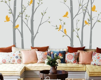 Wall decals, The Birch Tree Forest with Birds - Removable Wall Vinyl Decal