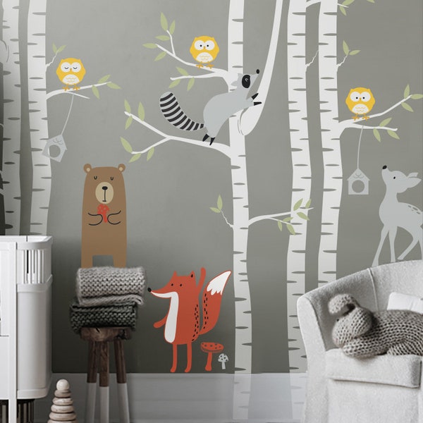 Forest Animals with Birch Trees Wall Decal