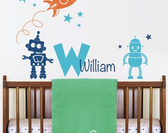 Wall Decals Rocket, Robots, Stars and Monogram Decal